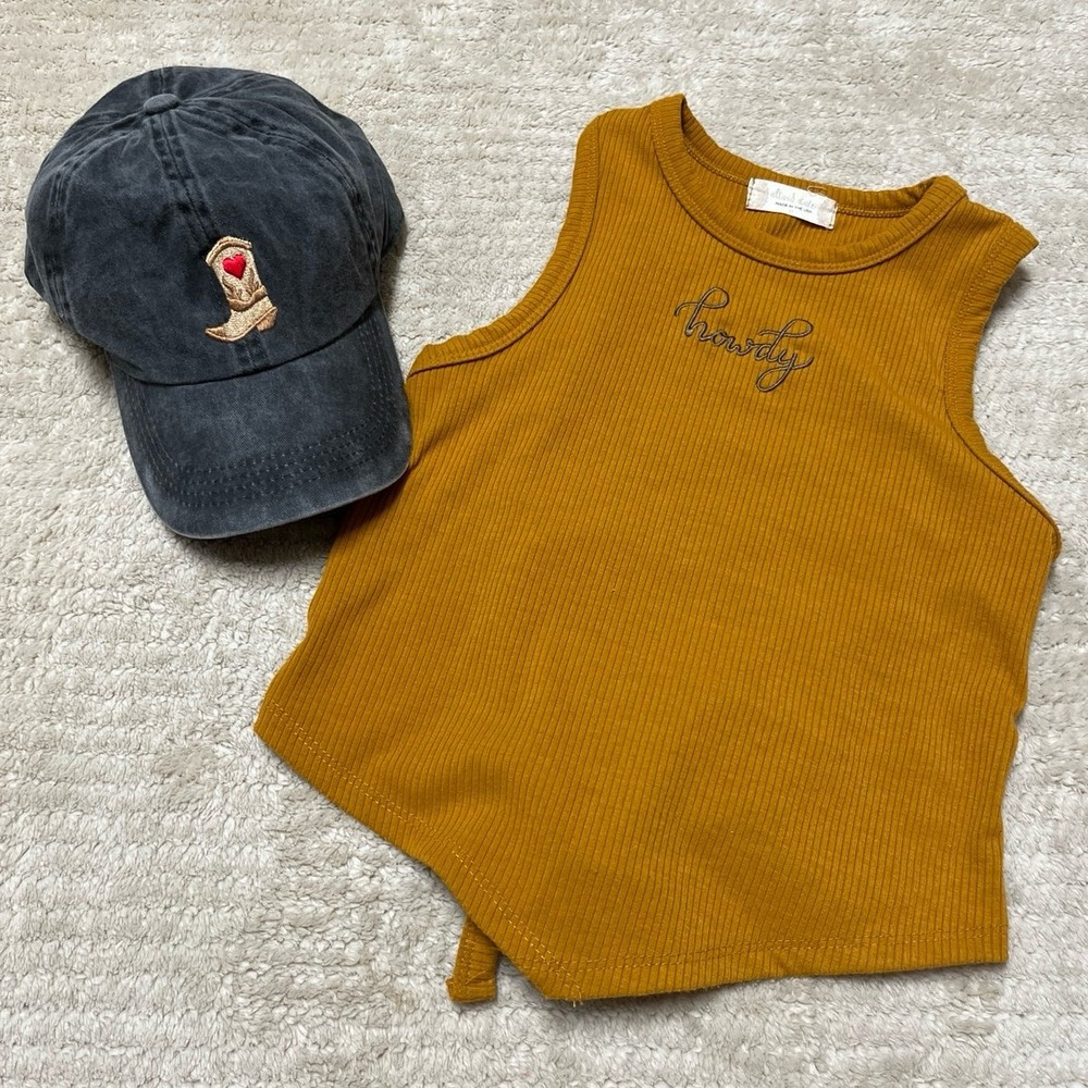 Altar'd State western mustard yellow halter top bundle washed black boot hat MED